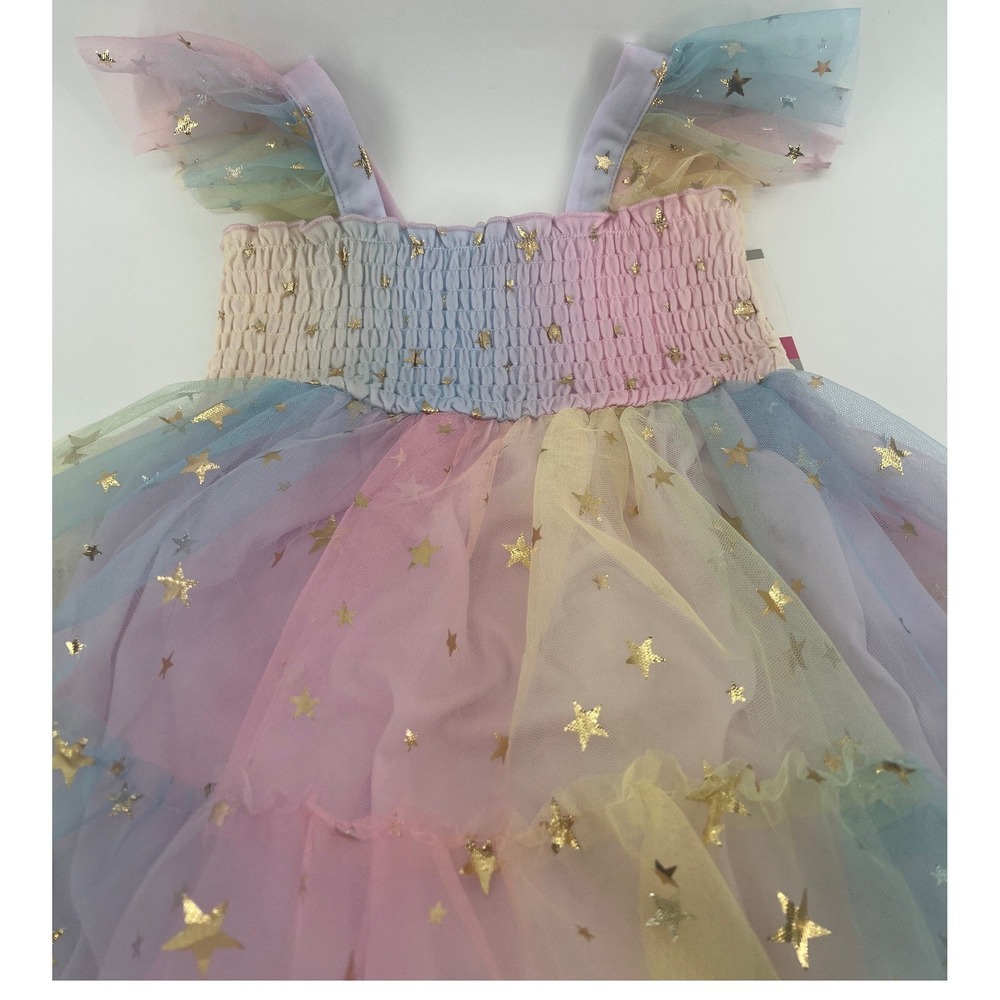 Fairy Zunie Girl Pastel Rainbow Tulle Gold Star Smocked Tiered Dress Size 5